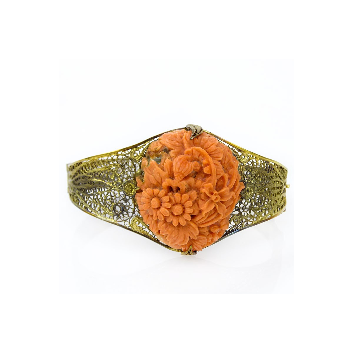 Antique Carved Red Coral and Silver Filigree Bangle Bracelet. Signed syx14K