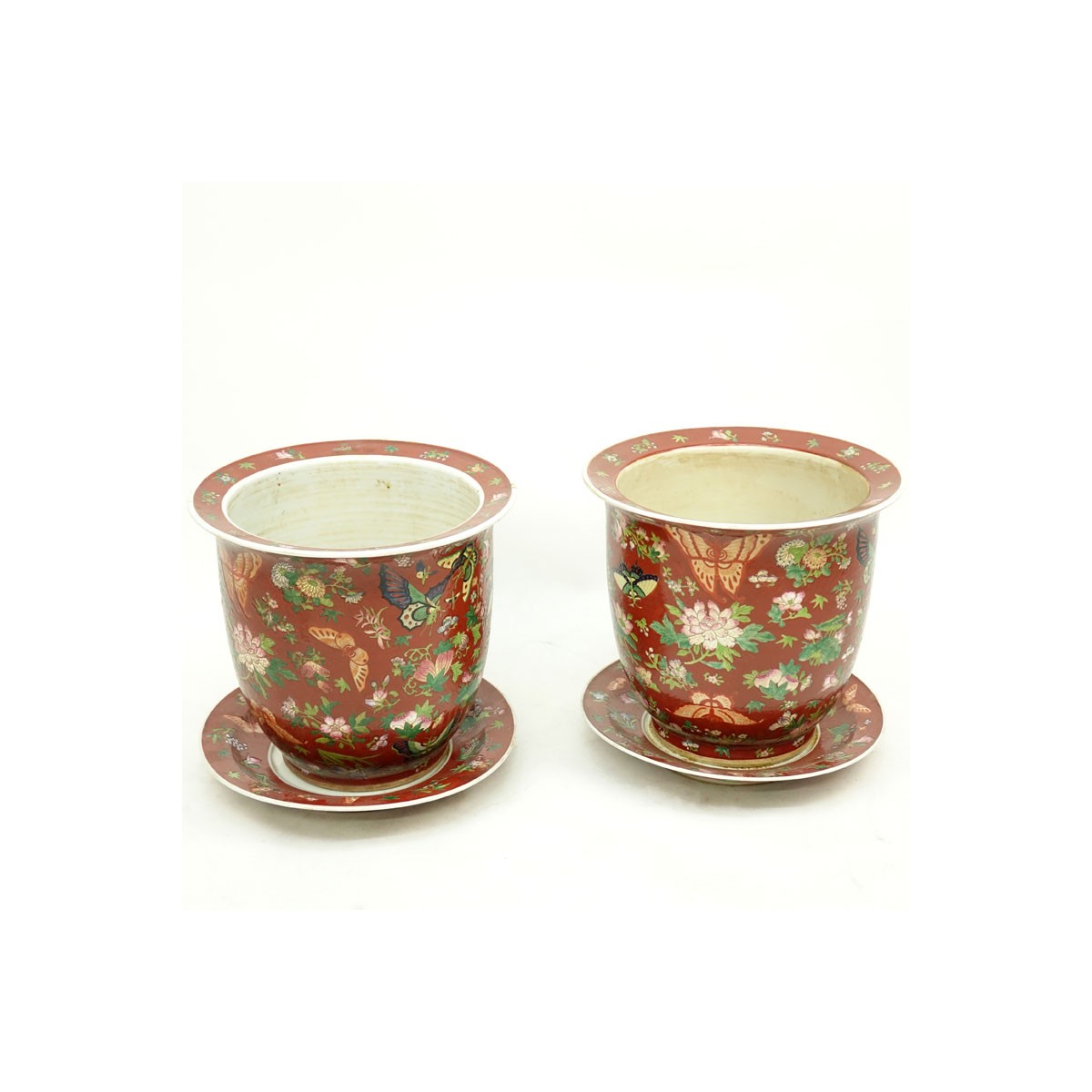 Pair Later 20th Century Chinese Porcelain  Jardinière With Matching Underpl