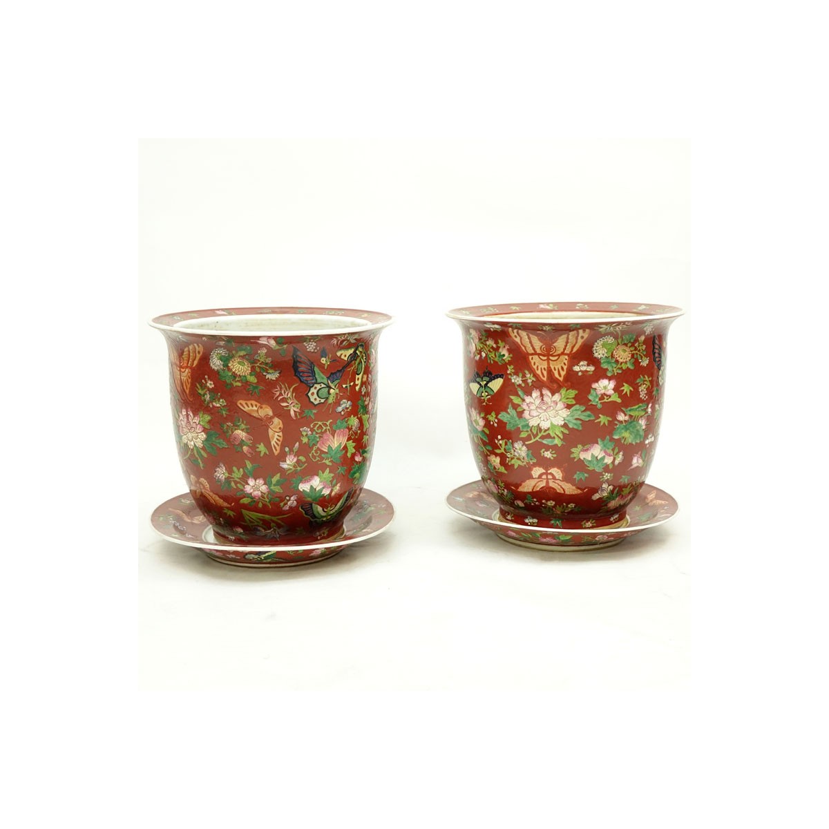 Pair Later 20th Century Chinese Porcelain  Jardinière With Matching Underpl