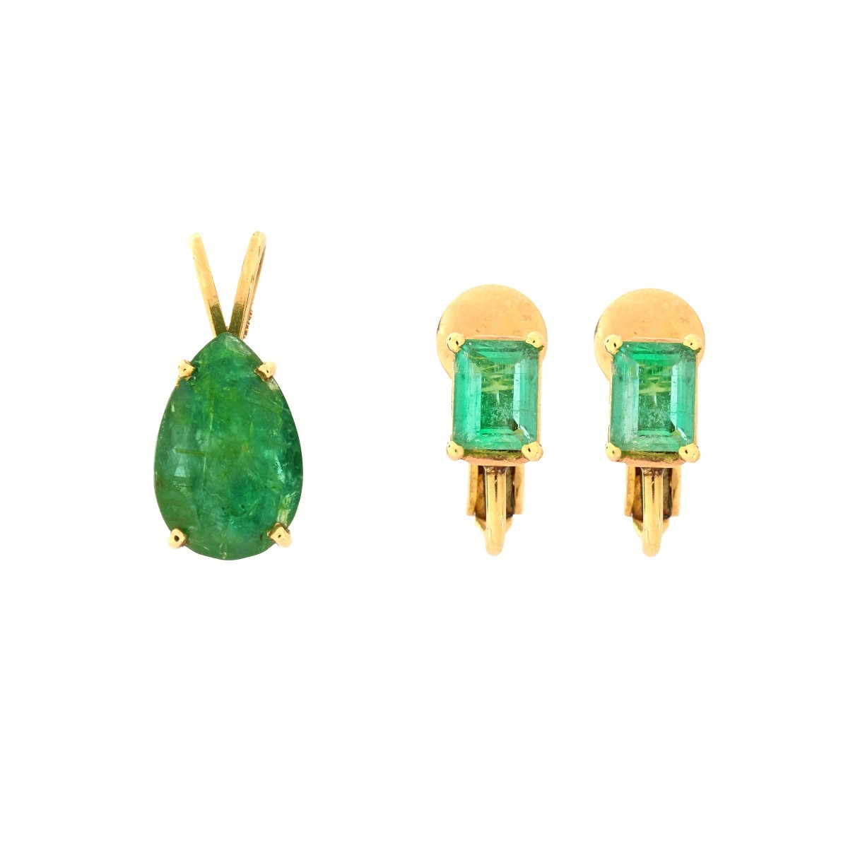 Emerald and 14K Pendant and Earrings