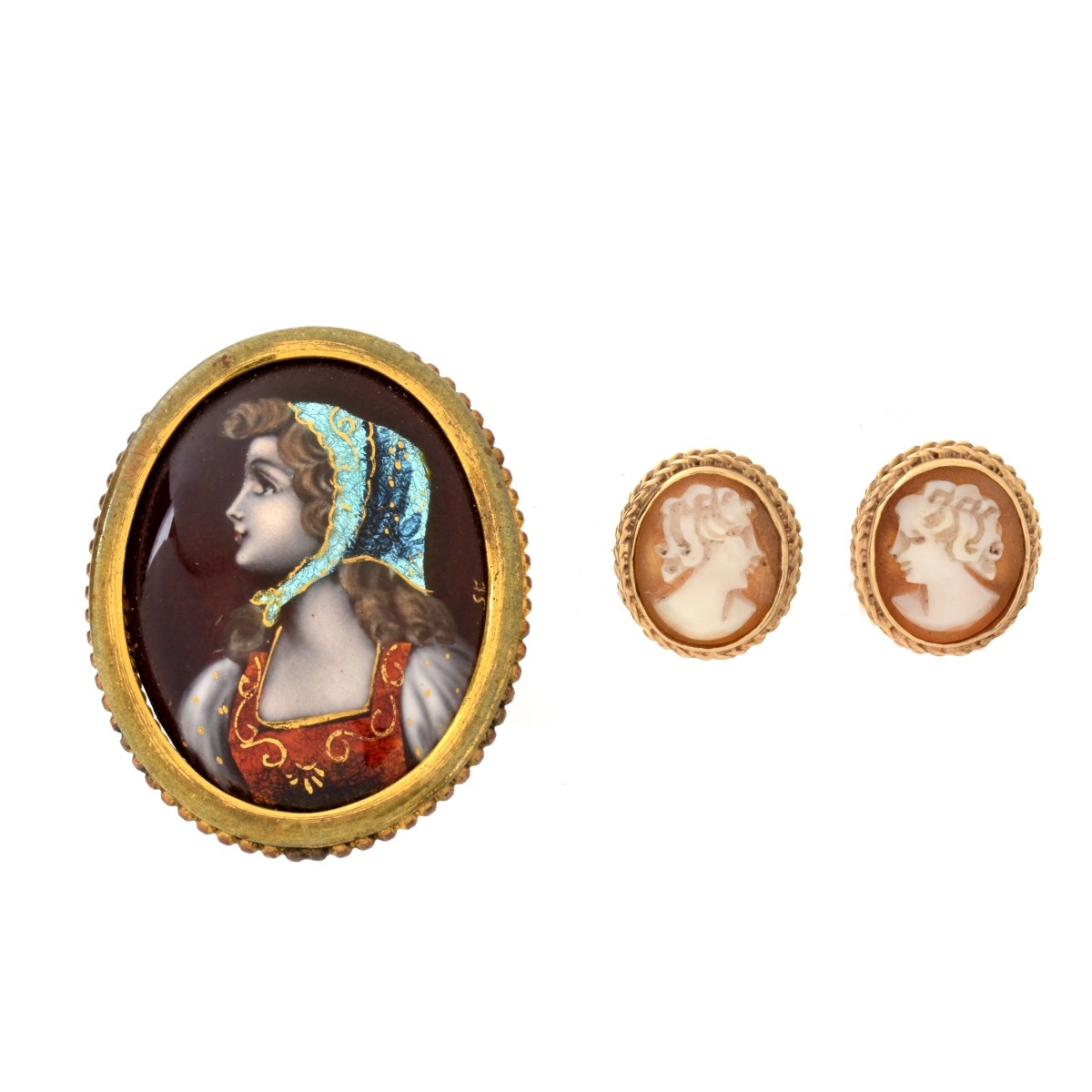 Antique Portrait Brooch and Cameo Earrings