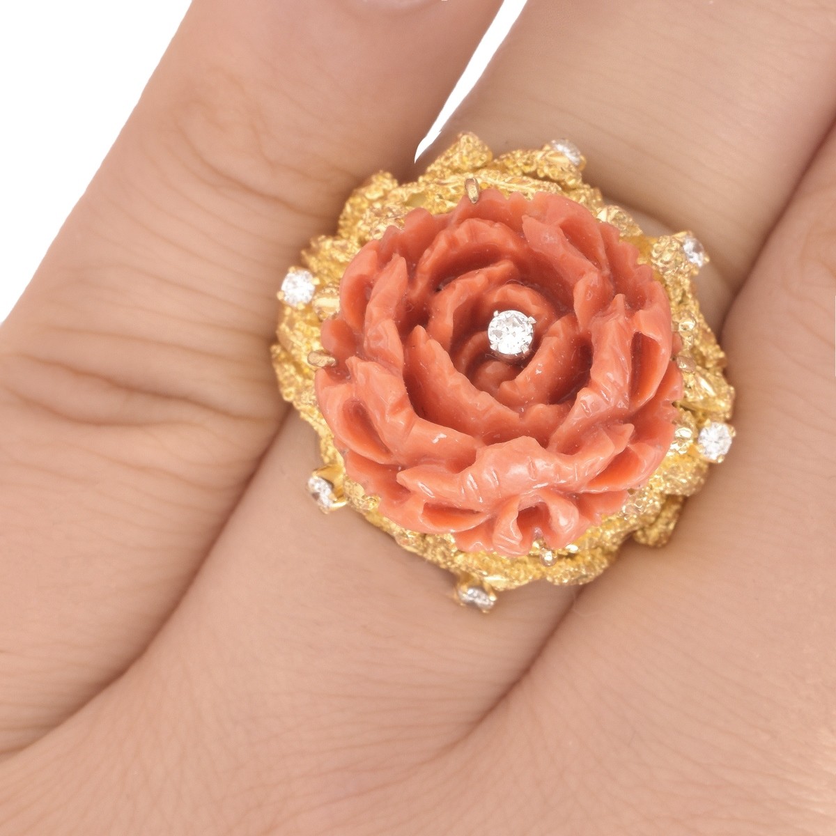 Vintage Coral, Diamond and 14K Ring
