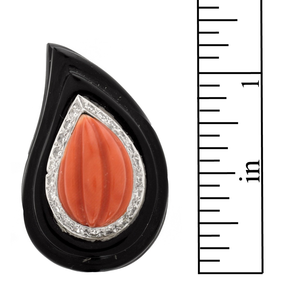 Coral, Onyx, Diamond and 14K Ring