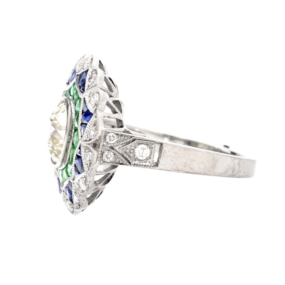 Diamond, Sapphire, Emerald and Platinum Ring