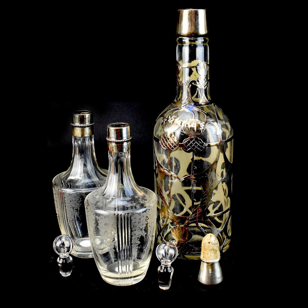 Vintage Silver overlay Glass Decanters