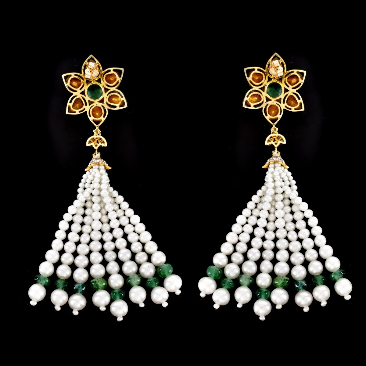 Diamond, Emerald and Pearl Tassel Earrings