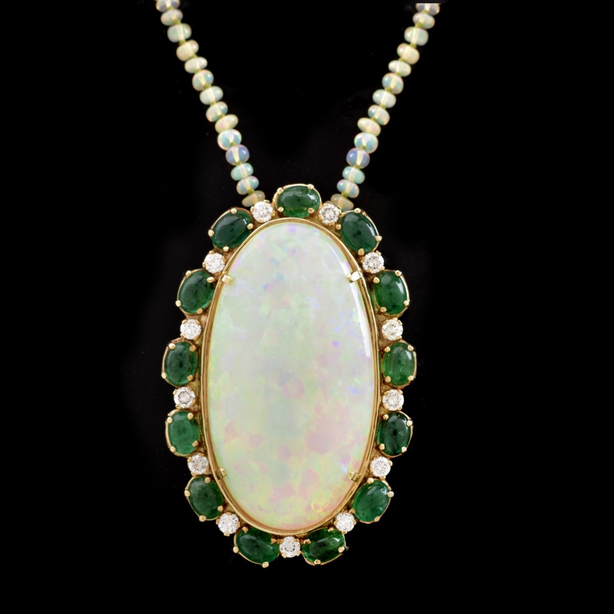 Large Opal, Emerald, Diamond and 14K Pendant