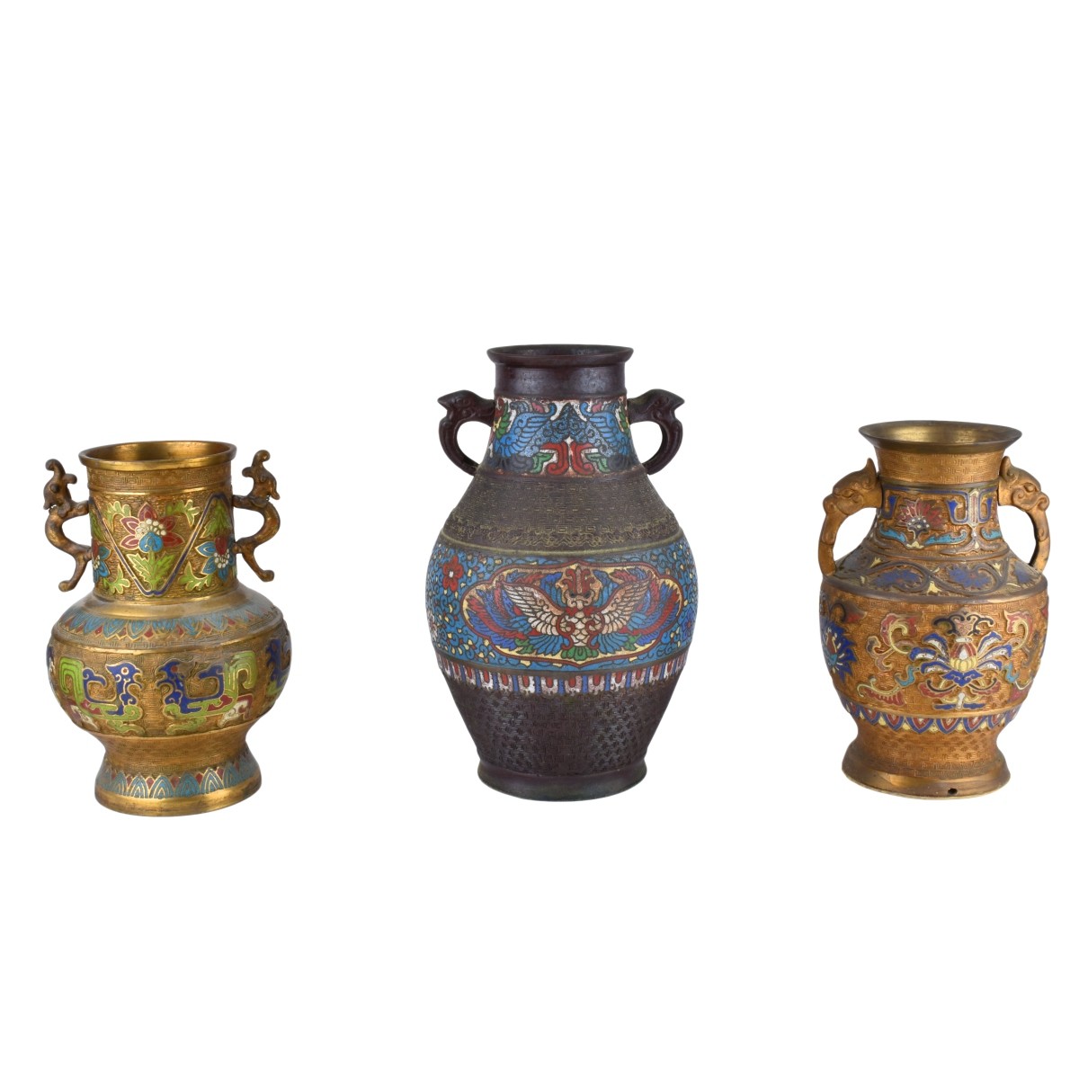 Three (3) Antique Japanese Champleve Handled Vases