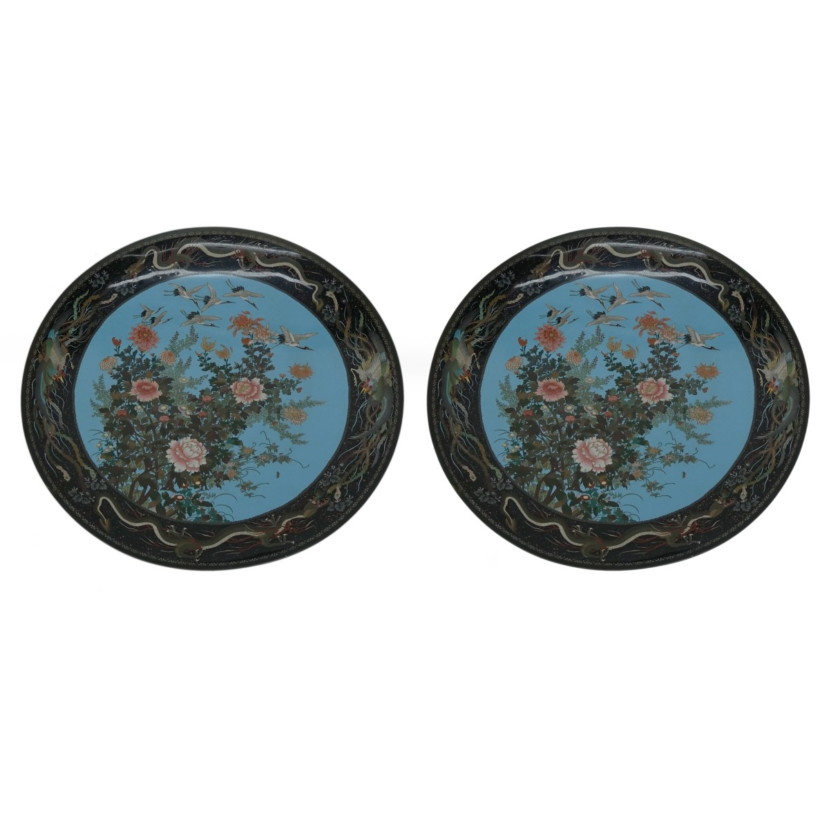 Monumental Pair of Japanese Cloisonne Chargers