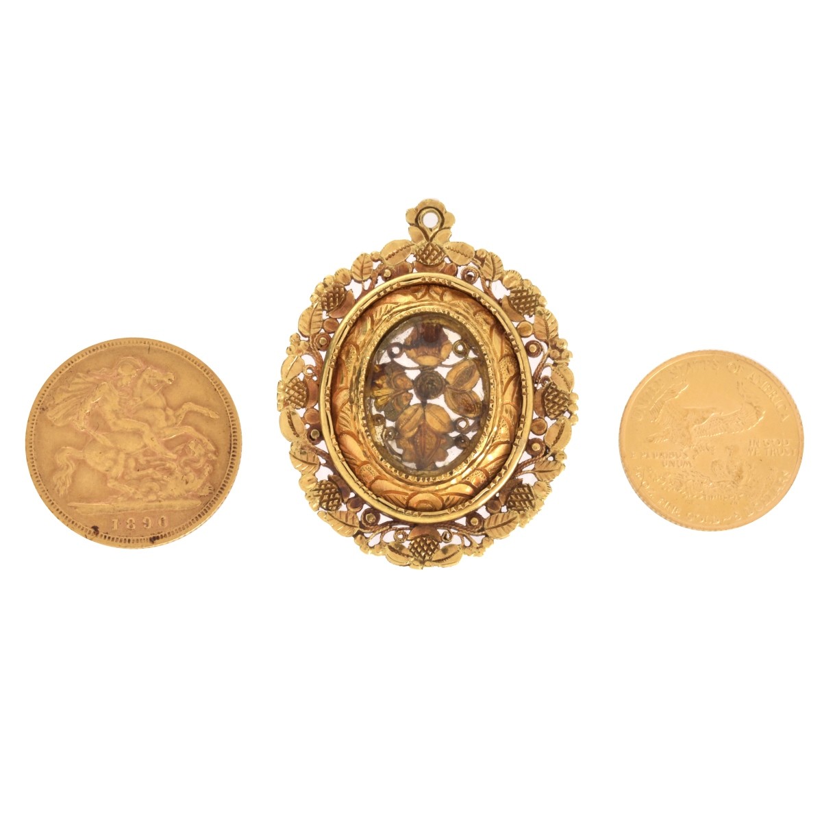 Two Gold Coins and 18K Pendant
