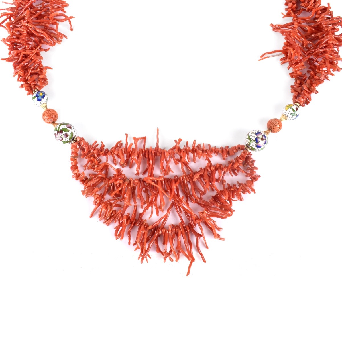 Red Coral, Cloisonne and 14K Necklace