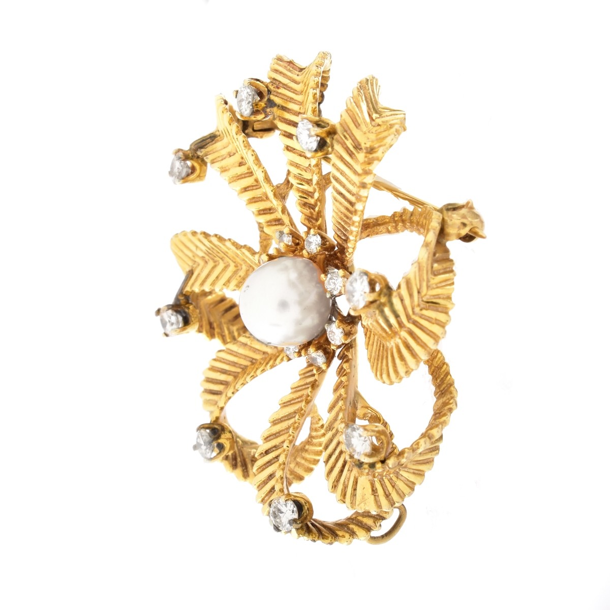 Vintage Diamond, Pearl and 14K Gold Brooch