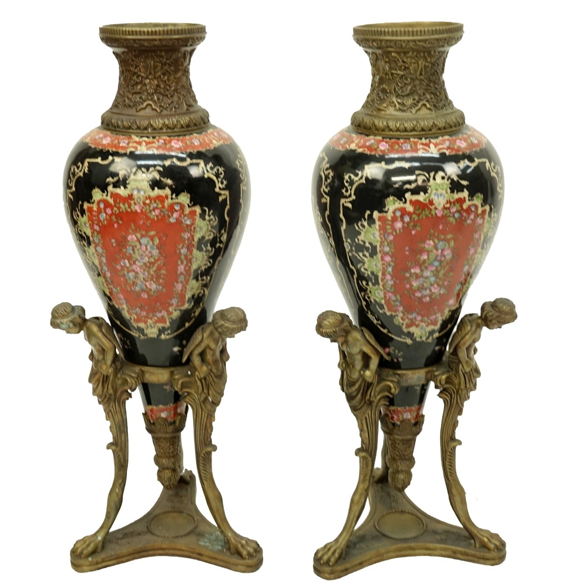 Pair of 20th Century Bronze and Porcelain Urn