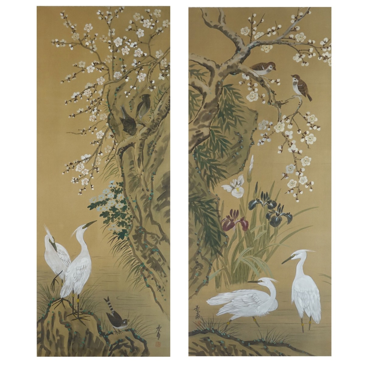 Pr Antique Japanese Scroll Paintings Egrets | Kodner Auctions