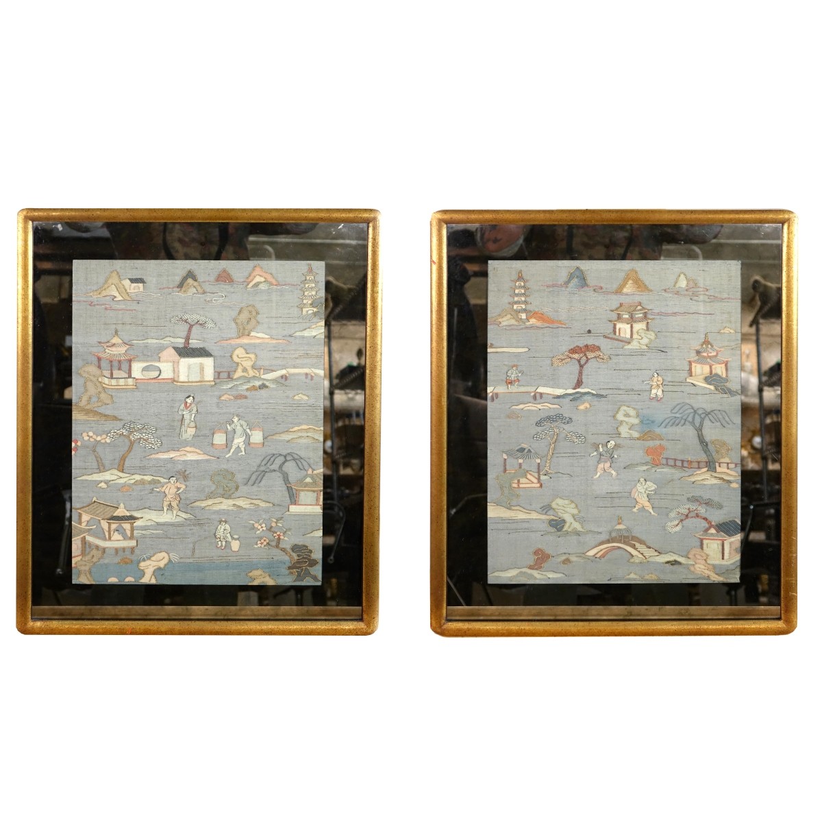 Pair Framed Antique Chinese Tapestry Artwork