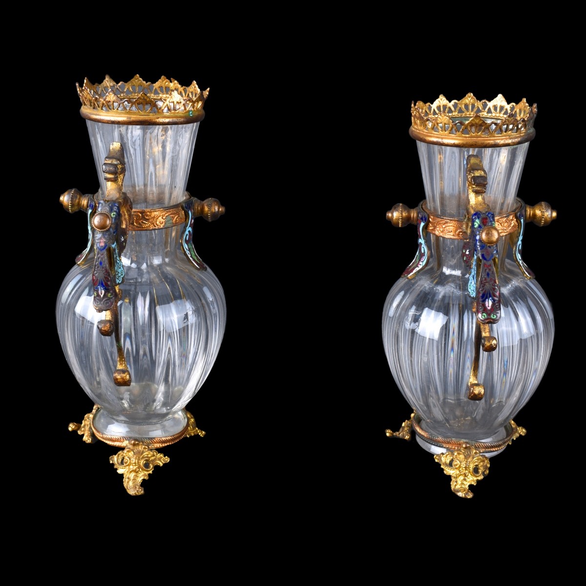 Pr Bronze Mounted Crystal Vases