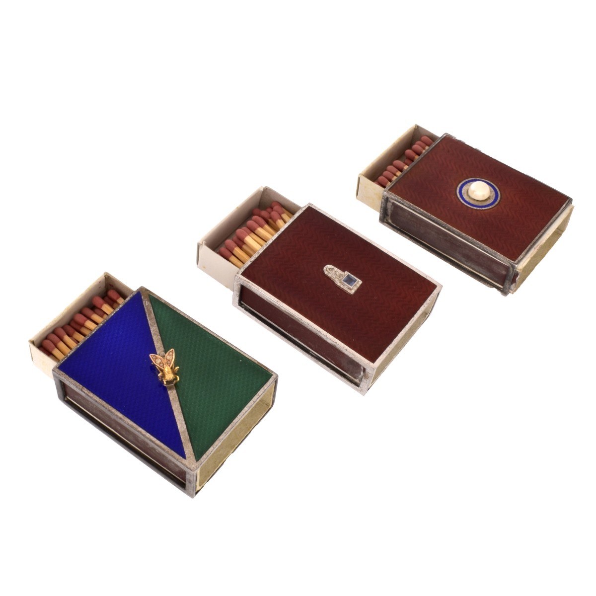 Three Silver and Enamel Match Boxes