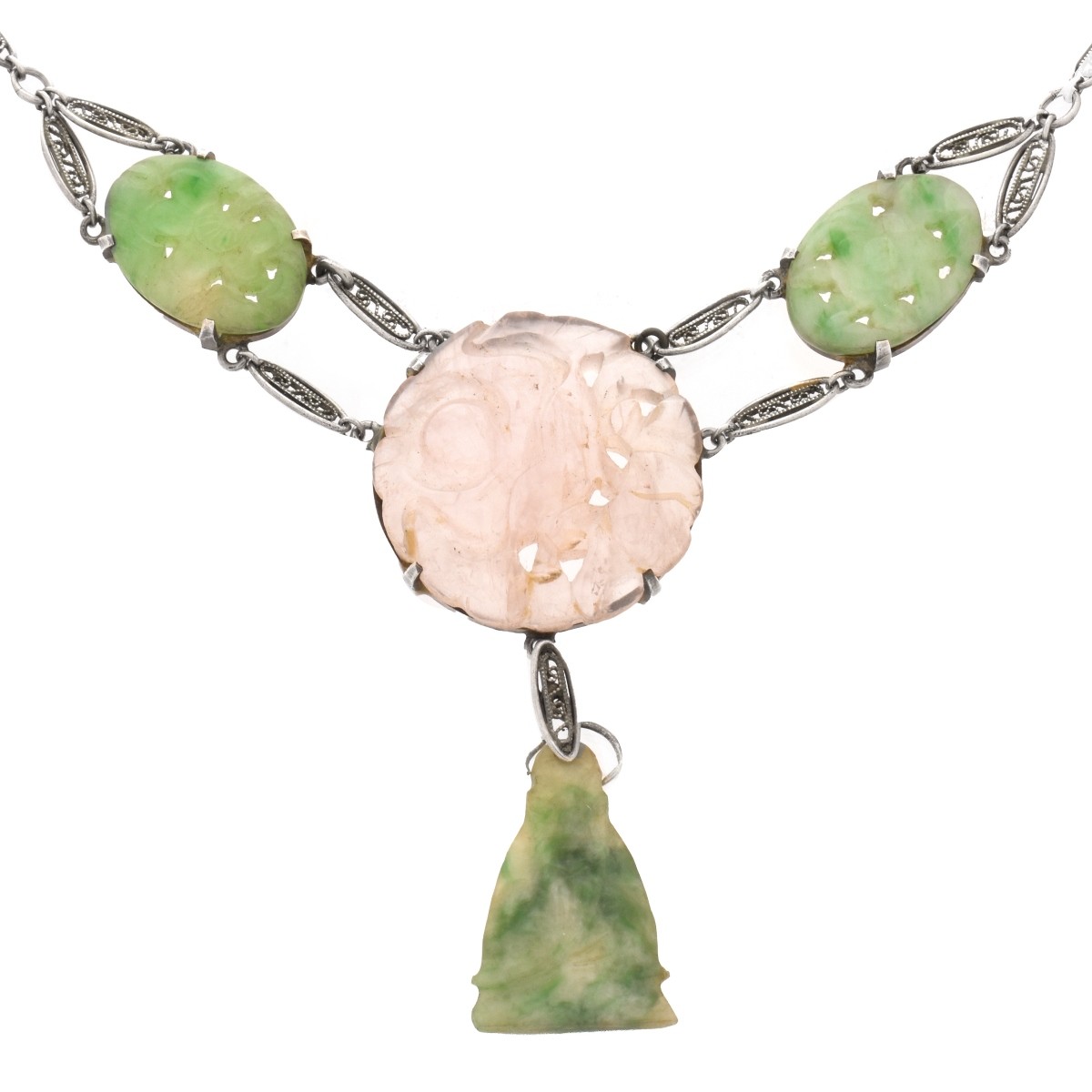Chinese Jade, Rose Quartz and Silver Necklace