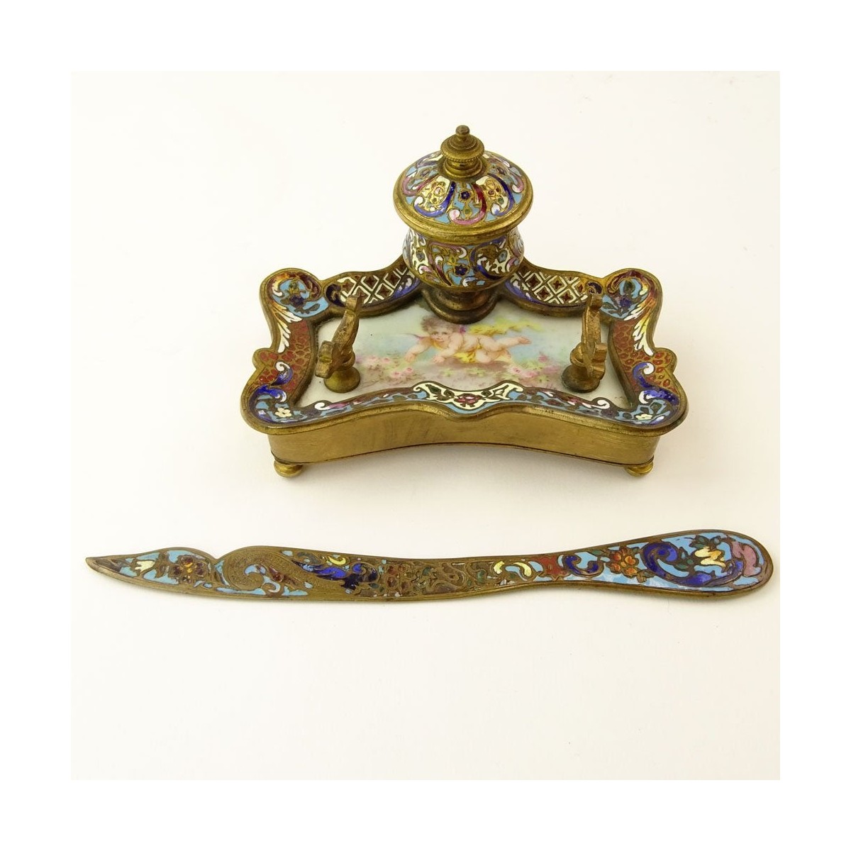 20th C. French Bronze and Champleve Inkstand