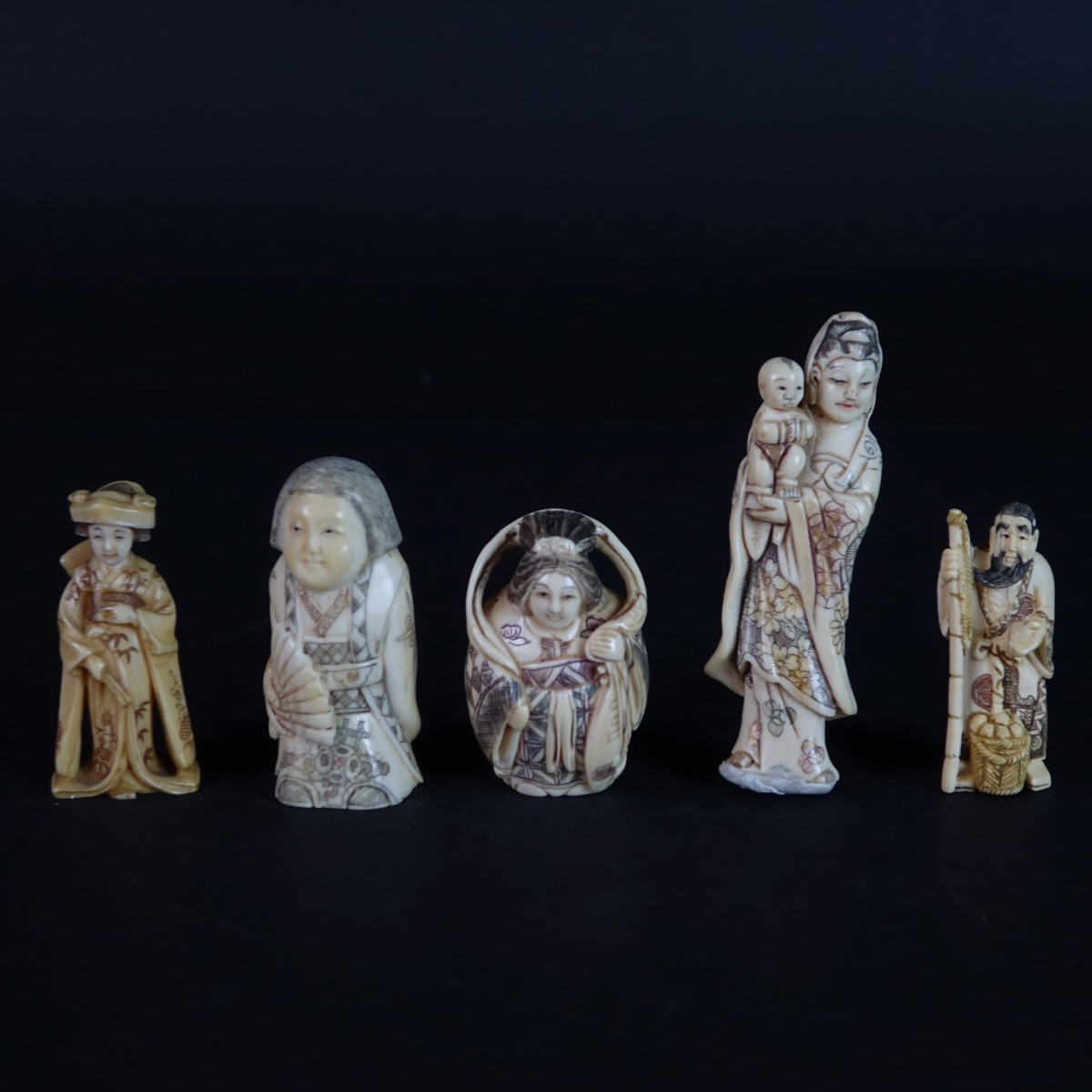 Five (5) Antique Japanese Carved Figurines