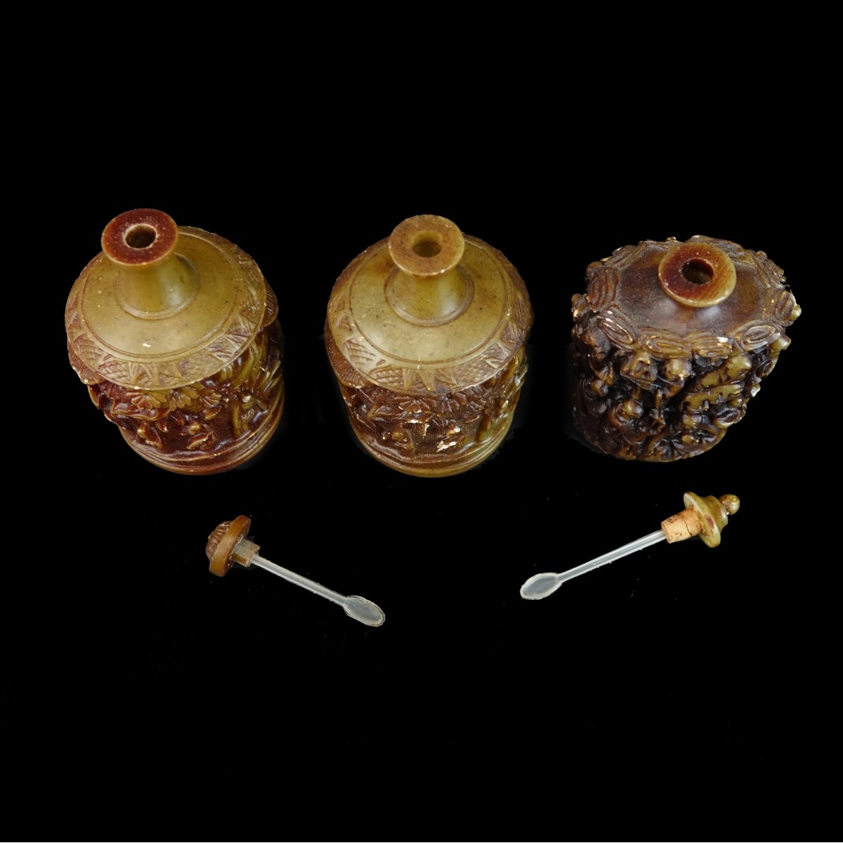 Three (3) Chinese Deep Relief Snuff Bottles