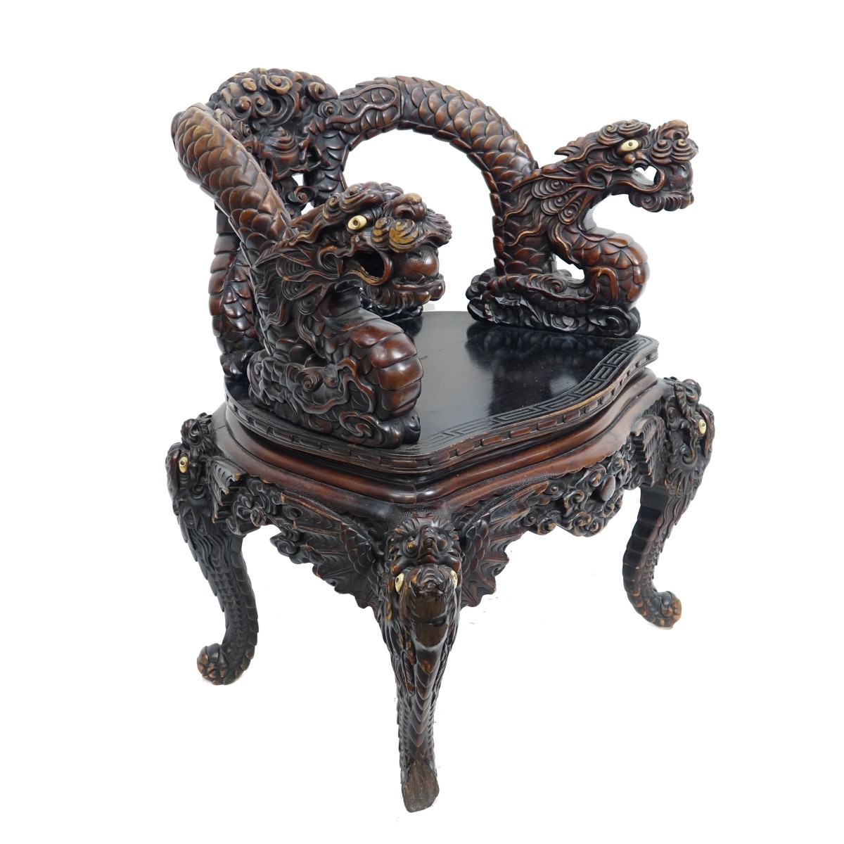 Antique Chinese Carved Hardwood Dragon Armchair