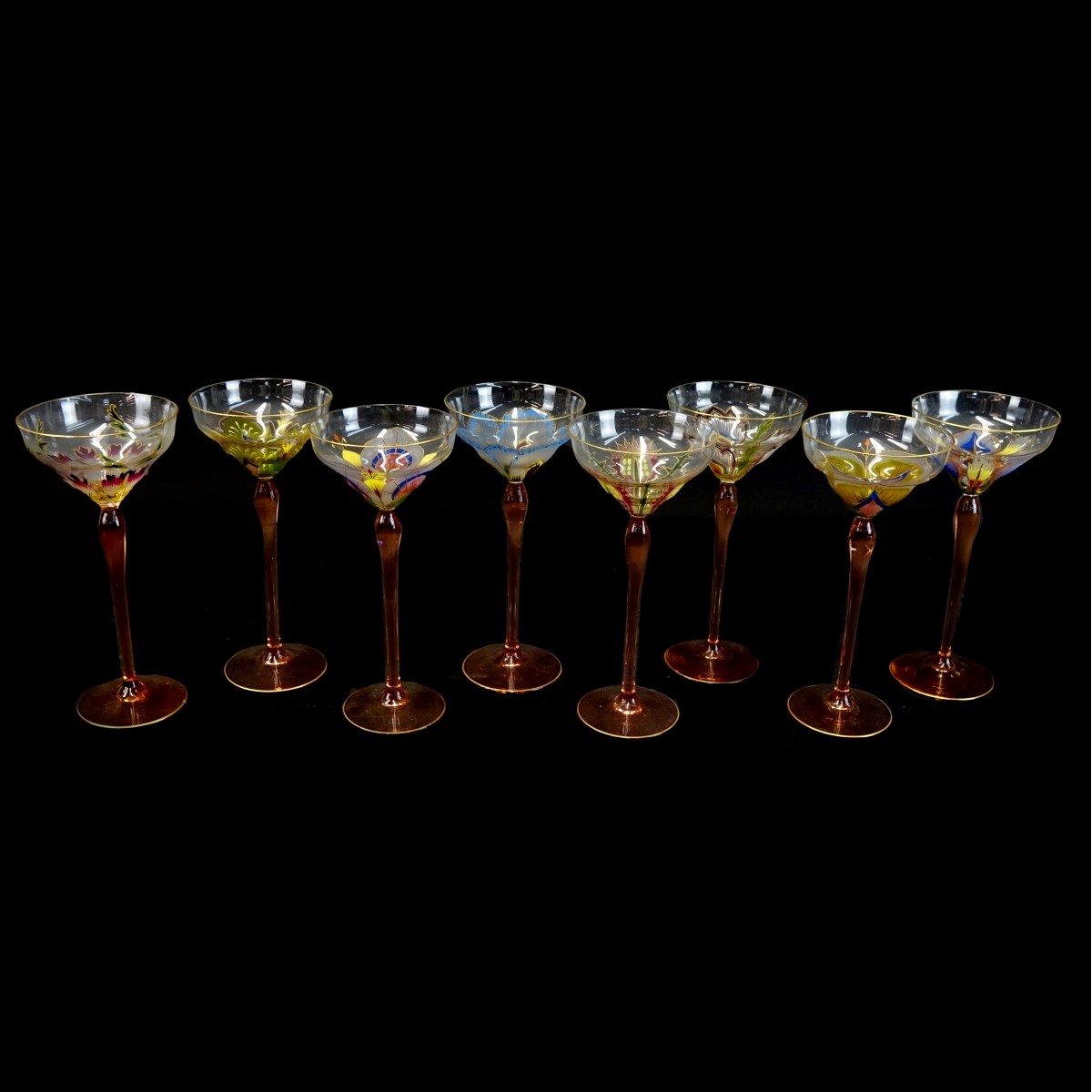 Eight (8) Vintage Enamel Painted Glass Goblets