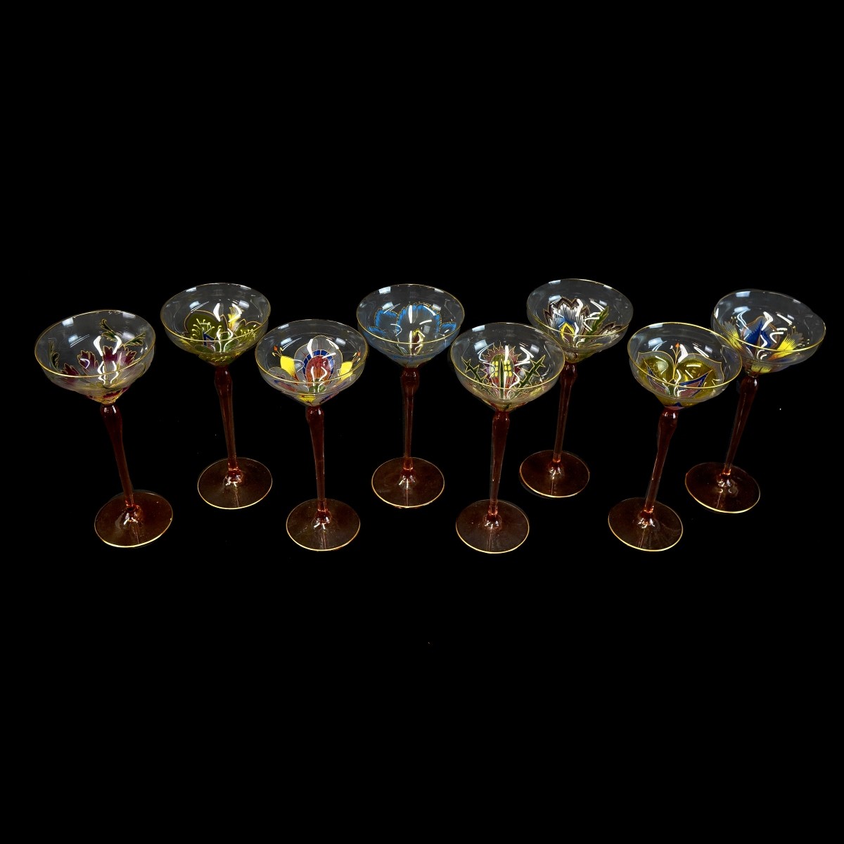 Eight (8) Vintage Enamel Painted Glass Goblets