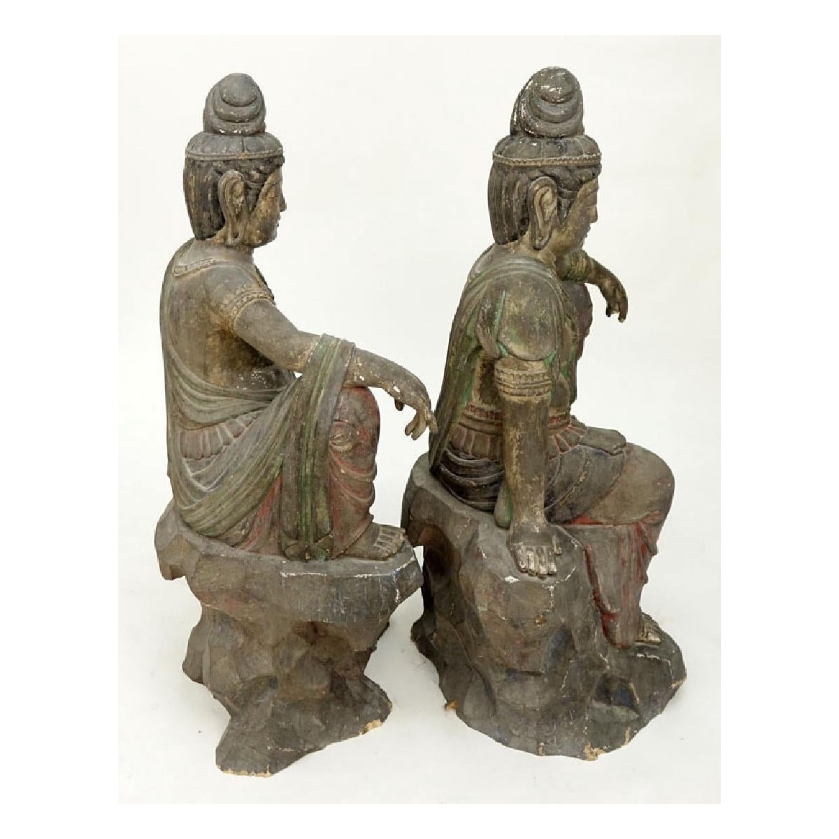 Pair of Asian Carved Wood Buddha Figures