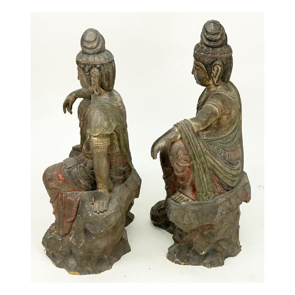 Pair of Asian Carved Wood Buddha Figures