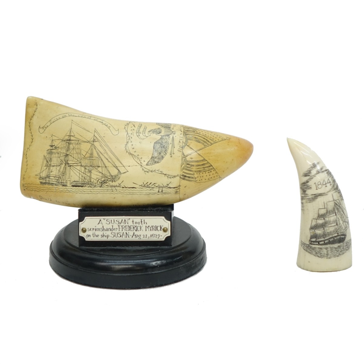 Two (2) Scrimshaw Tooth Carvings