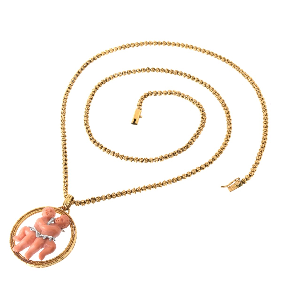 Coral, Diamond & Gold Pendant Necklace
