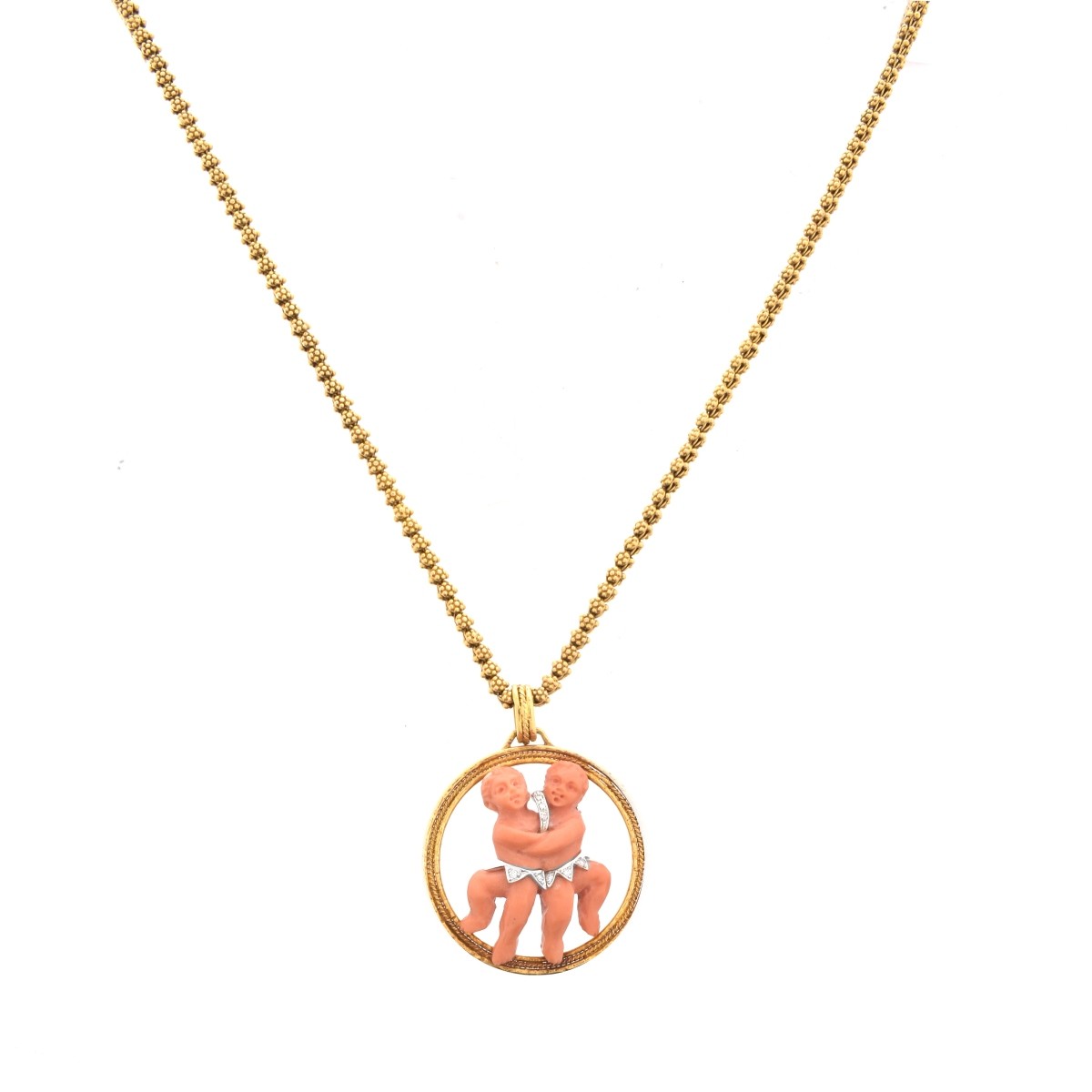 Coral, Diamond & Gold Pendant Necklace