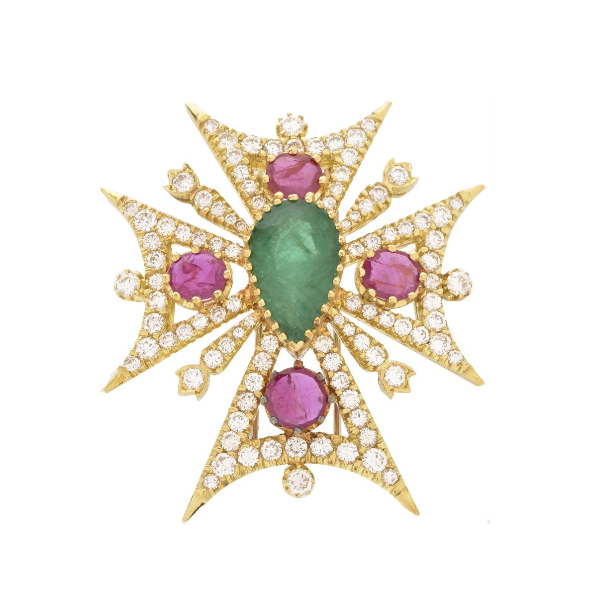 Emerald, Ruby, Diamond and 18K Cross Brooch
