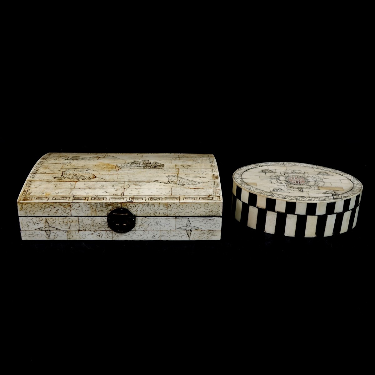 Two (2) Etched Bone Boxes