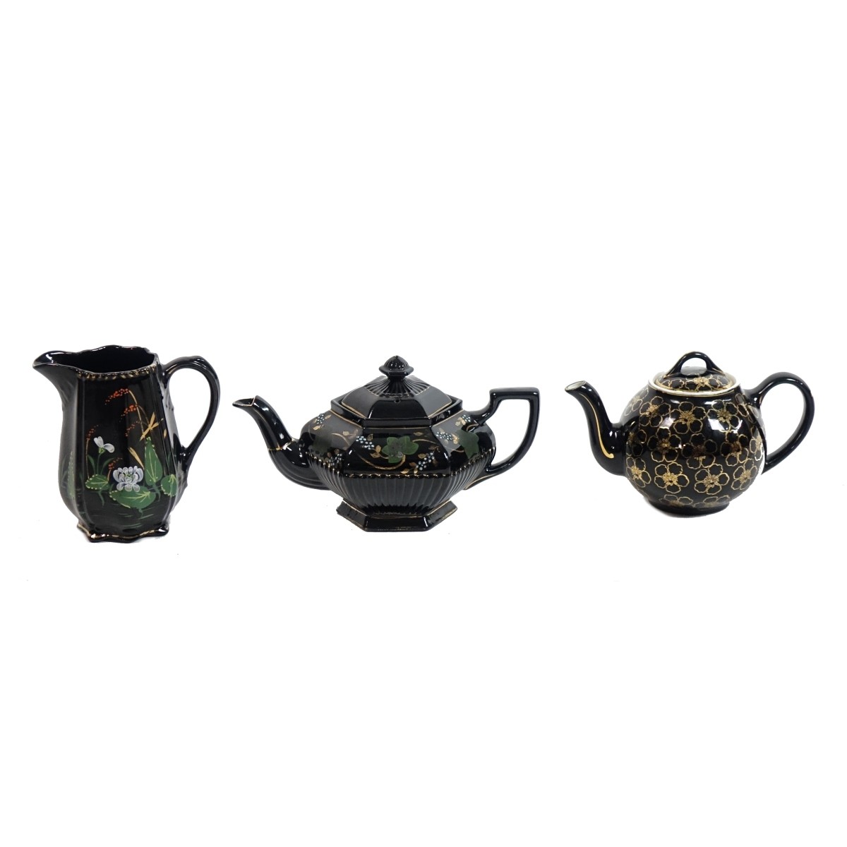 Two (2) Black Teapots and Jug