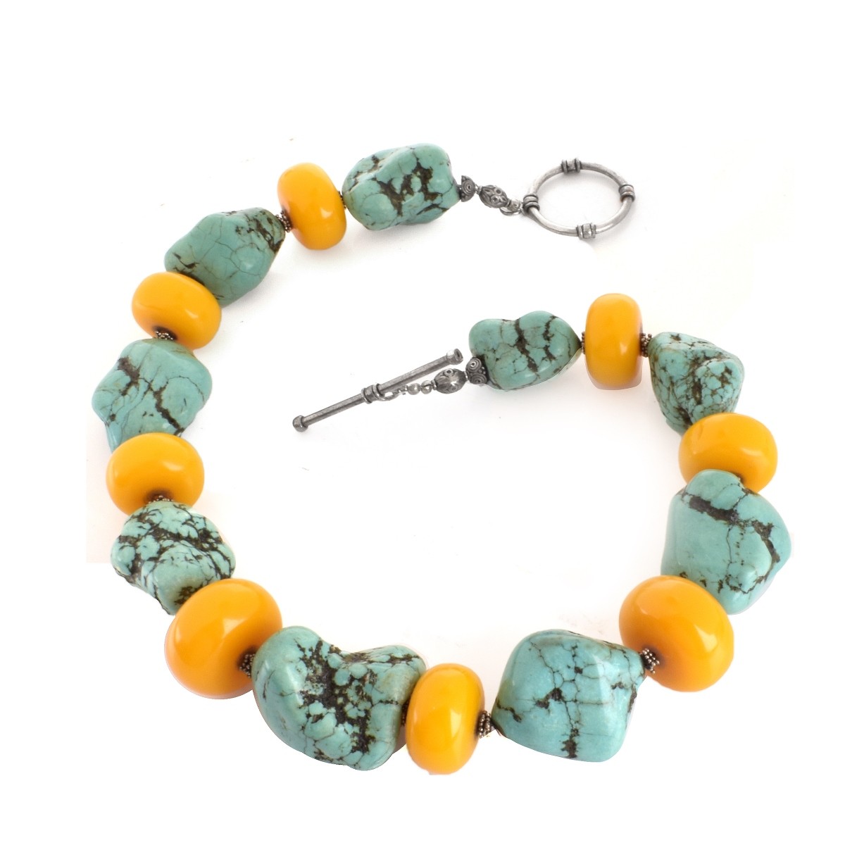 Turquoise, Amber and Silver Necklace