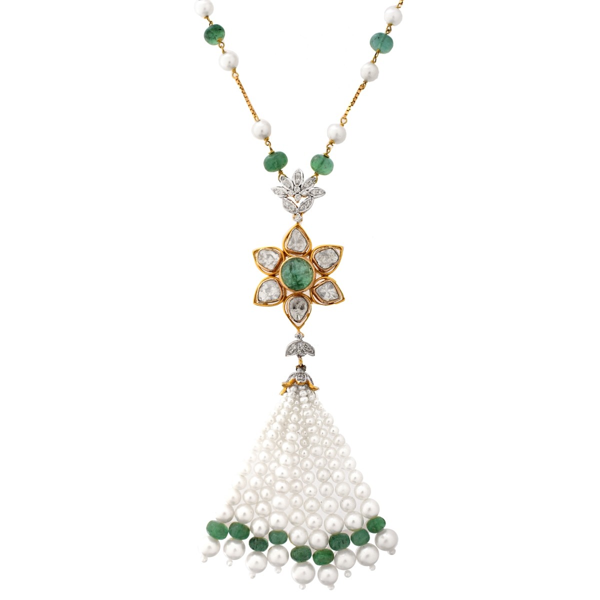 Diamond, Emerald, Pearl and 18K Necklace
