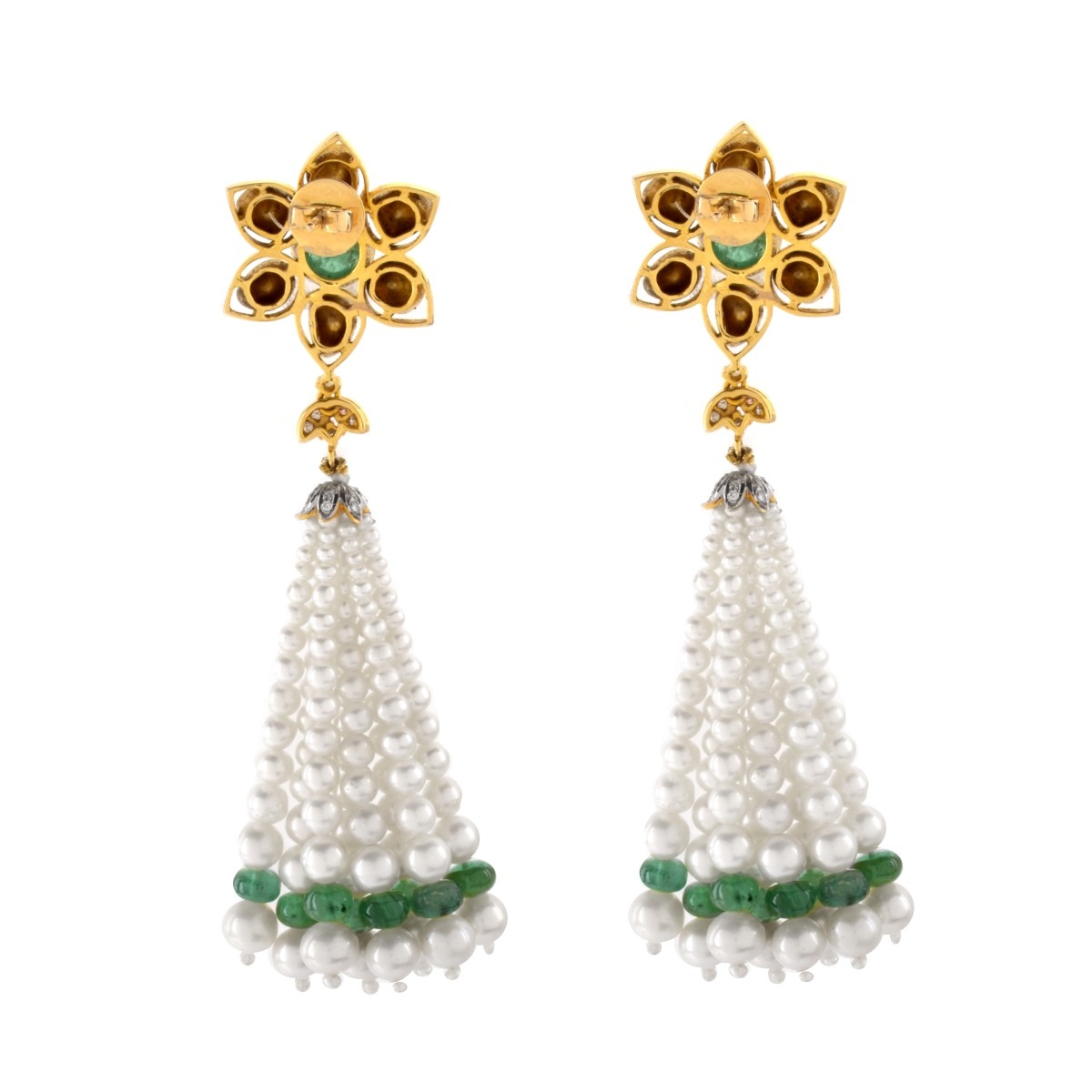 Diamond, Emerald, Pearl and 18K Earrings