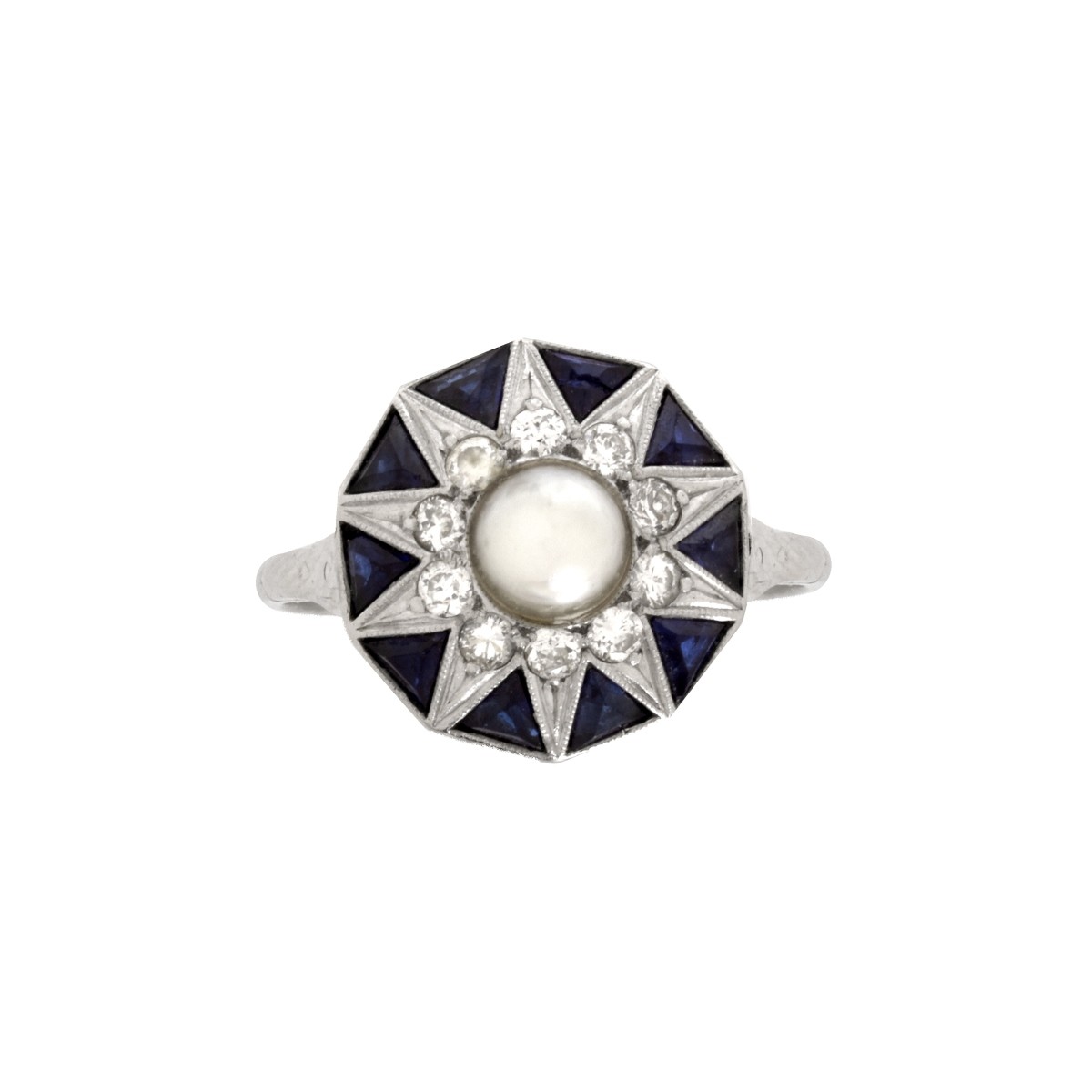 Deco Diamond, Sapphire and Pearl Ring