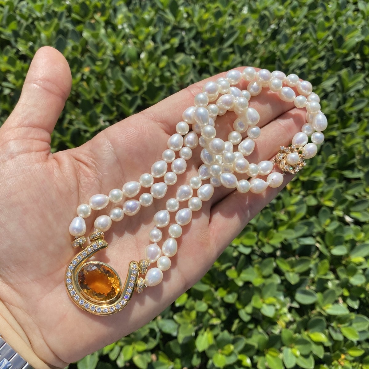 Citrine, Diamond, Pearl and 14K Necklace