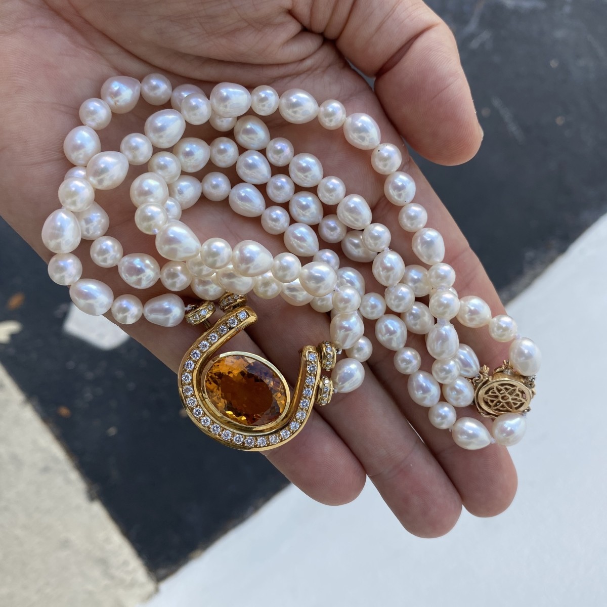 Citrine, Diamond, Pearl and 14K Necklace