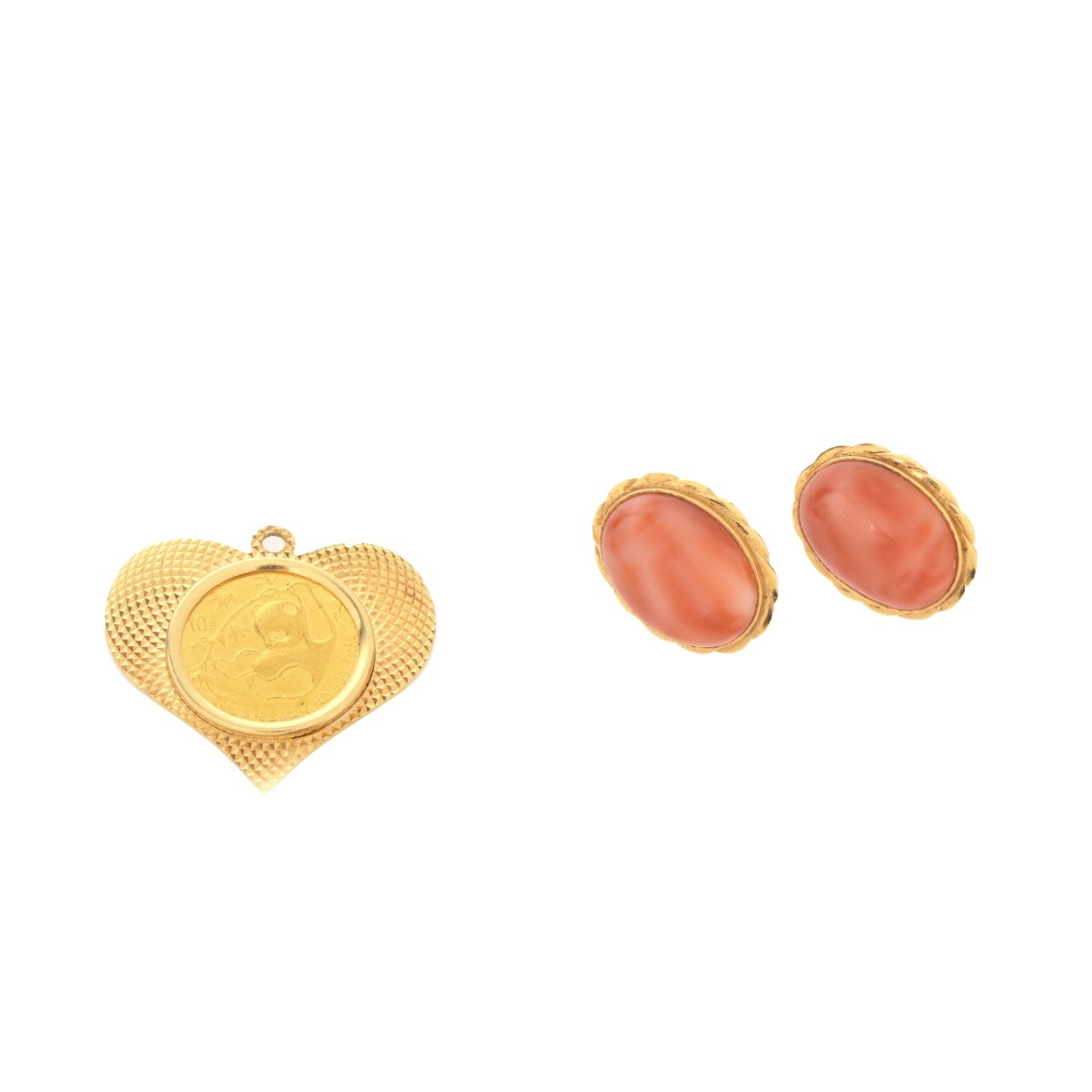 10 Yuan Coin Pendant and Coral 14K Earrings