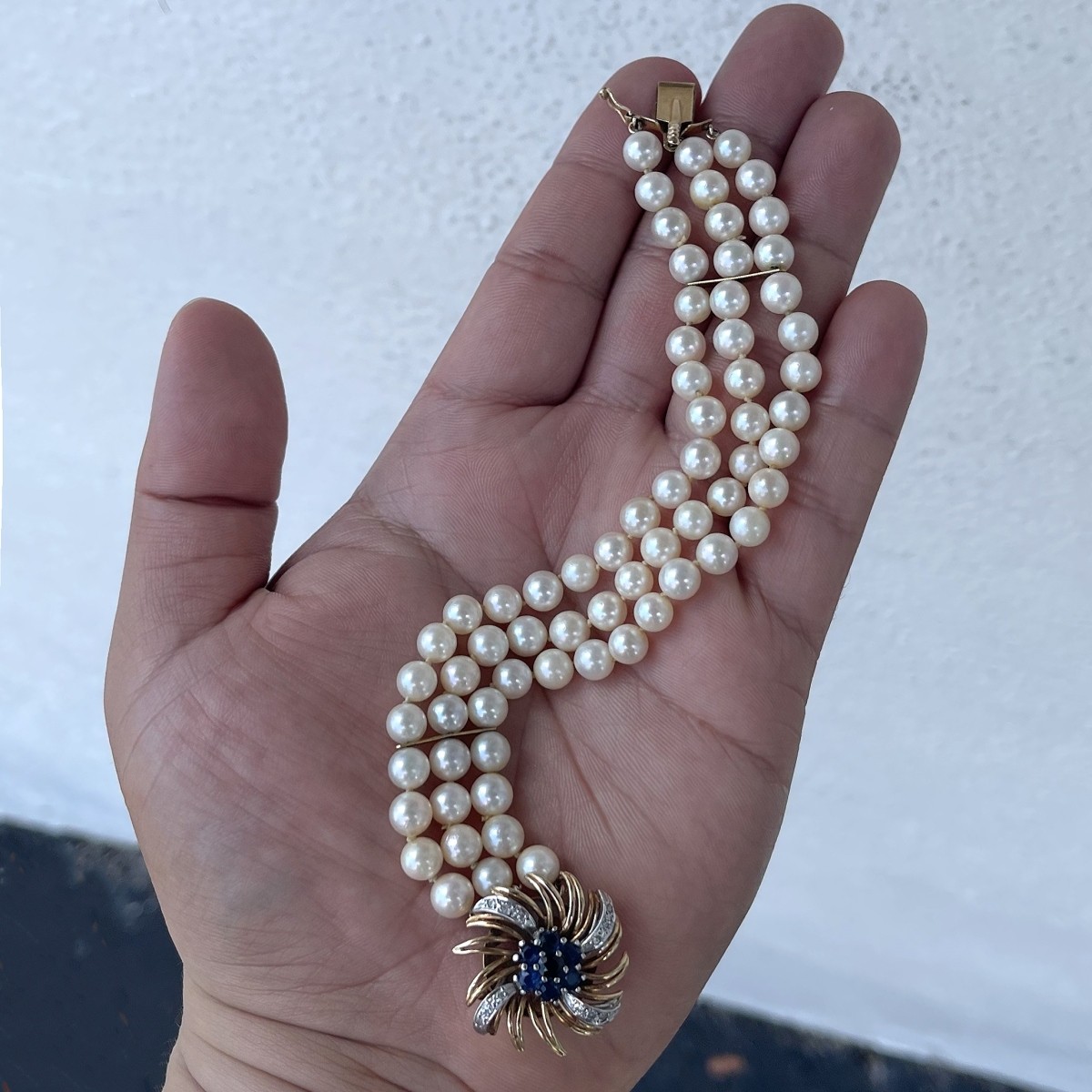 Pearl, Sapphire, Diamond and 14K Bracelet