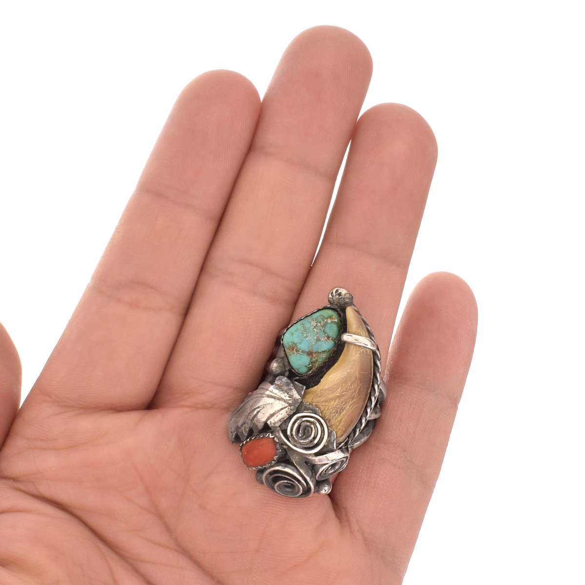 Silver, Coral, Turquoise and Bear Claw Ring