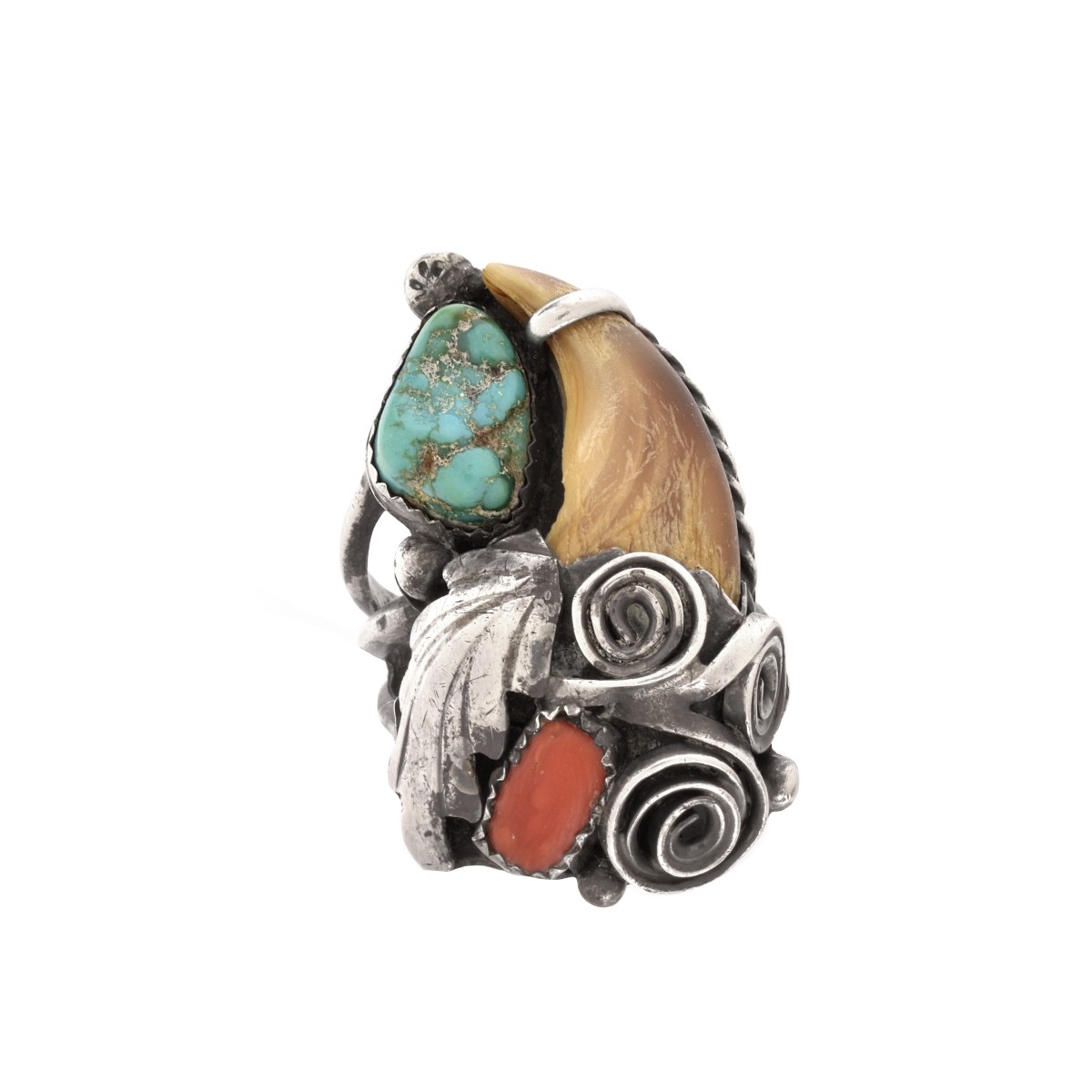 Silver, Coral, Turquoise and Bear Claw Ring