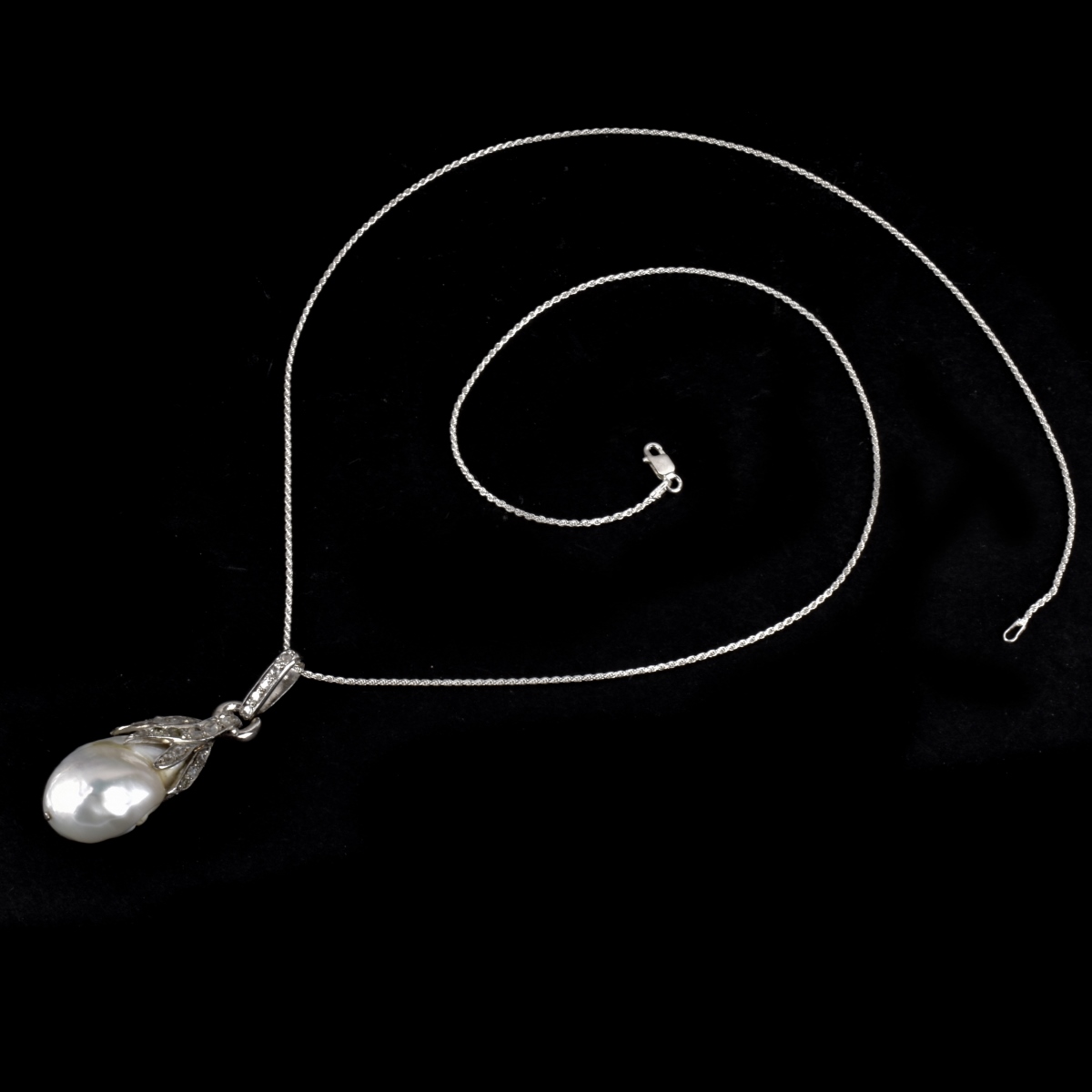 Pearl, Diamond and Sterling Pendant Necklace