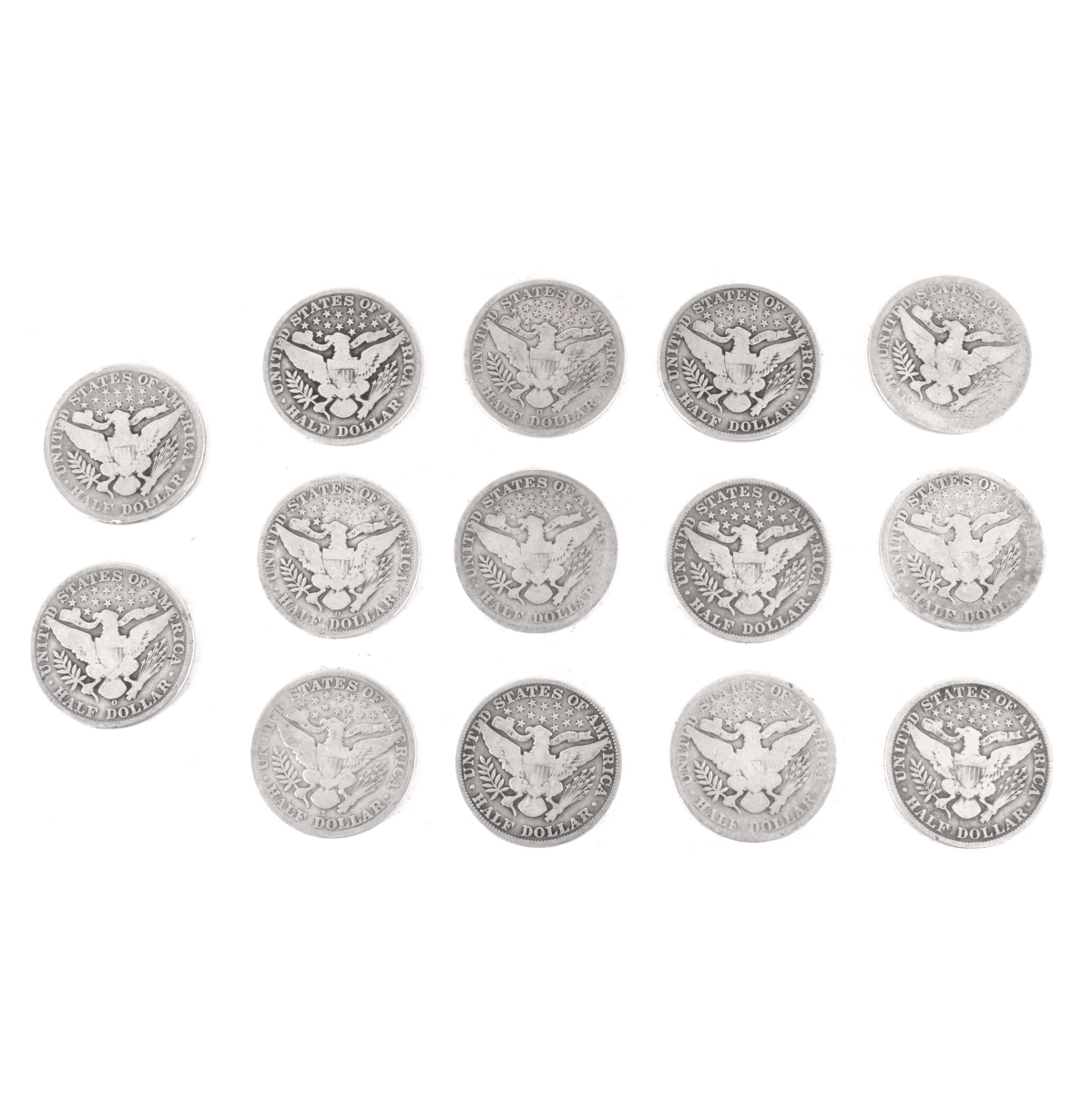 Fourteen US $1/2 Silver Barber Coins