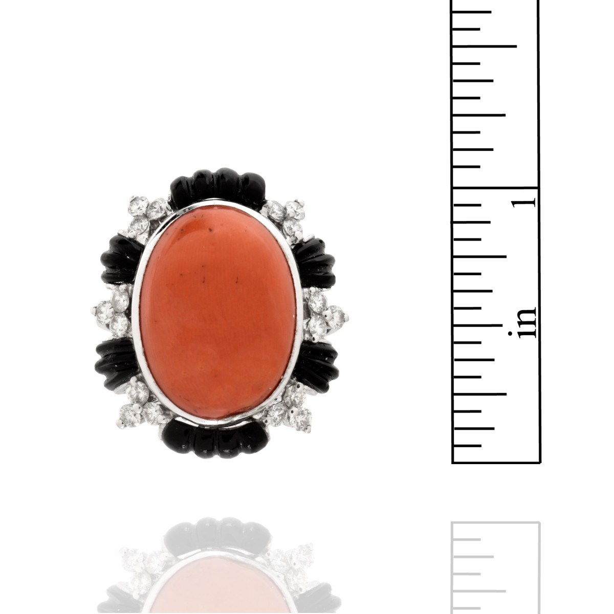 Coral, Onyx, Diamond and 18K Ring