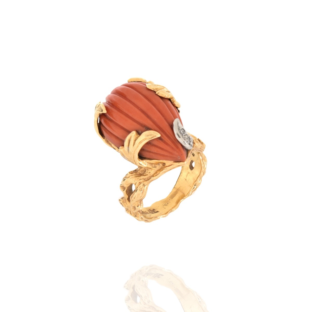 Coral, Diamond and 14K Ring